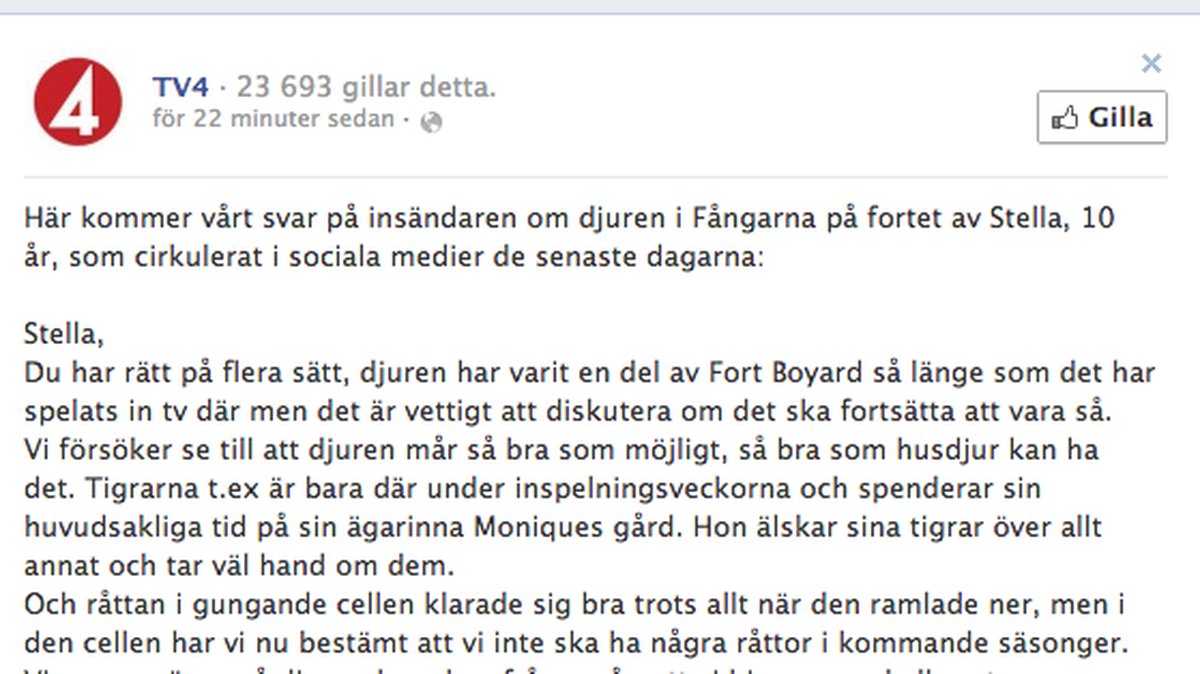 TV4 svarade på åsikterna genom sin Facebook-sida.